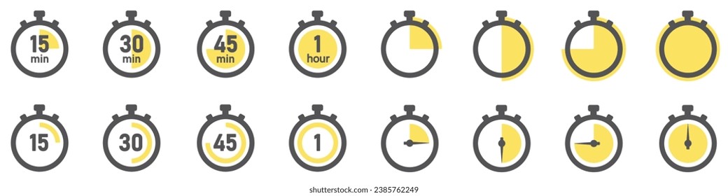 Juego de iconos de Timer . Símbolo Stopwatch, tiempo rápido, temporizador de cuenta regresiva, medidas de velocidad. Vector.