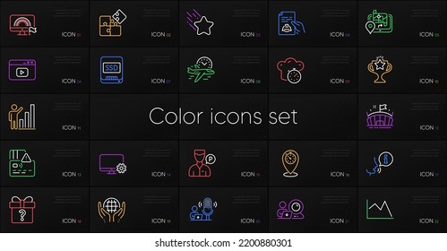 Set of Timer, Line chart and Lgbt line icons. Include Cooking timer, Puzzle, Ssd icons. Valet servant, Arena, Graph chart web elements. Card, Organic tested, Secret gift. Falling star. Vector