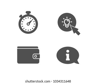 Set of Timer, Money wallet and Energy icons. Information sign. Stopwatch gadget, Payment method, Turn on the light. Info center.  Quality design elements. Classic style. Vector