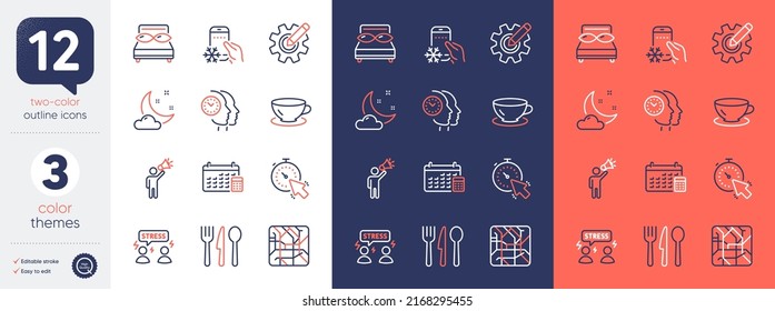 Conjunto de iconos de línea Timer, Pillows y Calendar. Incluyen alimentos, tiempo nocturno, íconos del CogWheel. embajador de marcas, estrés difícil, elementos web de administración de tiempo. Aplicación para refrigerador, Espresso. Vector