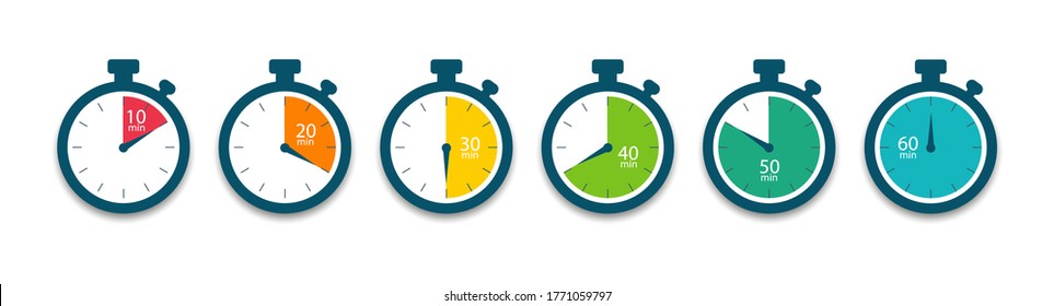 Set of timer. Stopwatch icons. Countdown 10.20,30,40,50,60 minutes. Vector