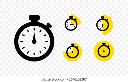 Set of timer and stopwatch icons. Countdown timer with different time. Kitchen timer icon with different minutes. Cooking time symbols. Vector flat cartoon illustration for web sites