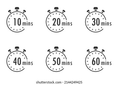 Juego de temporizador. Iconos de Stopwatch. Cuenta regresiva 10.20.30.40.50.60 minutos. Juego de signos de Stopwatch. Ilustración vectorial plana.