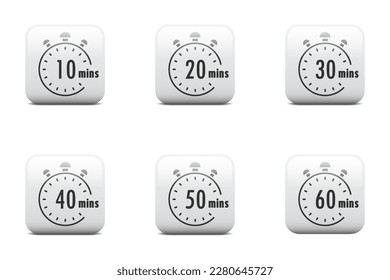 Set of timer. Stopwatch icons. Countdown 10.20,30,40,50,60 minutes. Stopwatch sign set. Flat vector illustration.