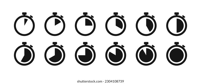 Set of timer. Stopwatch icons set. Countdown 5,10,15, 20, 25, 30, 35, 40, 45, 50, 55, 60 minutes. Timer symbol. Outline stopwatch icon. Alarm pictogram. Vector, Trasnparent background