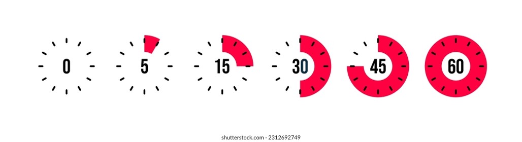 Set of timer. Stopwatch icons set. Countdown 0, 5, 15, 30, 45, 60 minutes. Timer symbol. Outline stopwatch icon. Alarm pictogram. Vector, Transparent background