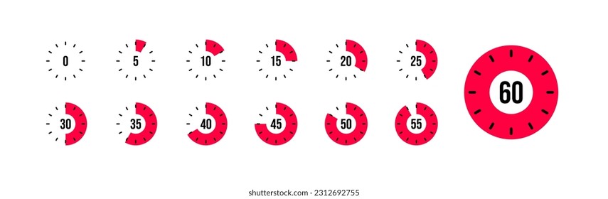 Set of timer. Stopwatch icons set. Countdown 0, 5, 10, 15, 20, 25, 30, 35, 40, 45, 50, 55, 60 minutes. Timer symbol. Outline stopwatch icon. Alarm pictogram. Vector, Transparent background