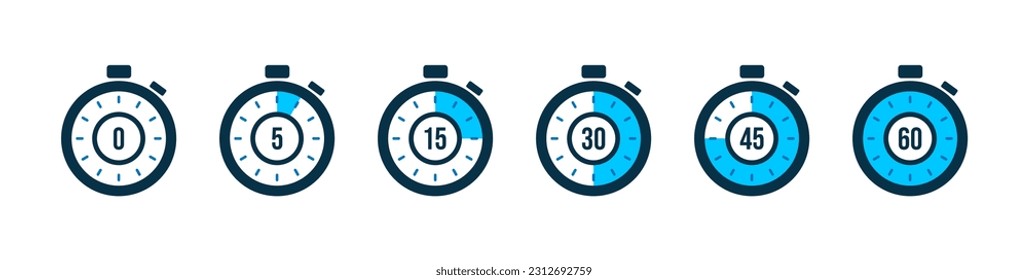 Set of timer. Stopwatch icons set. Countdown 0, 5, 15, 30, 45, 60 minutes. Timer symbol. Outline stopwatch icon. Alarm pictogram. Vector, Transparent background