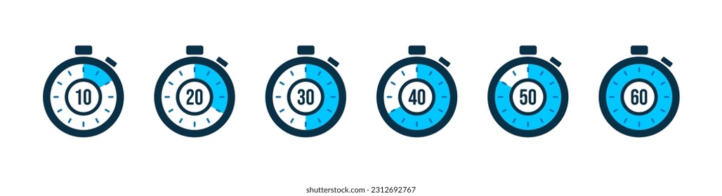 Set of timer. Stopwatch icons set. Countdown 10, 20, 30, 40, 50, 60 minutes. Timer symbol. Outline stopwatch icon. Alarm pictogram. Vector, Transparent background