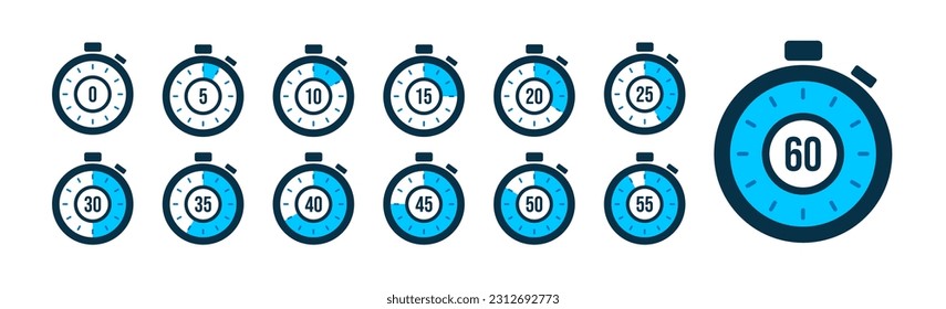 Set of timer. Stopwatch icons set. Countdown 0, 5, 10, 15, 20, 25, 30, 35, 40, 45, 50, 55, 60 minutes. Timer symbol. Outline stopwatch icon. Alarm pictogram. Vector, Transparent background