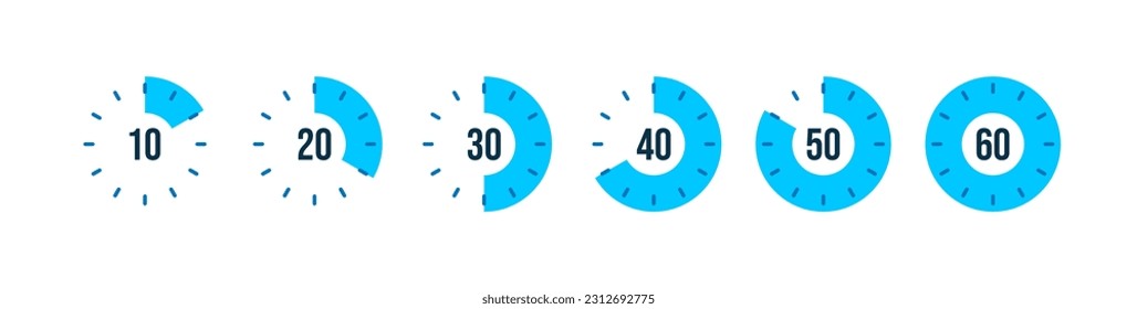 Set of timer. Stopwatch icons set. Countdown 10, 20, 30, 40, 50, 60 minutes. Timer symbol. Outline stopwatch icon. Alarm pictogram. Vector, Transparent background