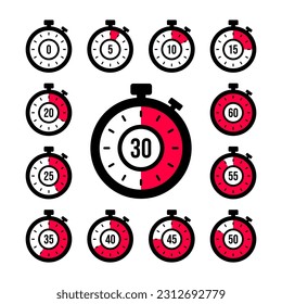 Set of timer. Stopwatch icons set. Countdown 0, 5, 10, 15, 20, 25, 30, 35, 40, 45, 50, 55, 60 minutes. Timer symbol. Outline stopwatch icon. Alarm pictogram. Vector, Transparent background