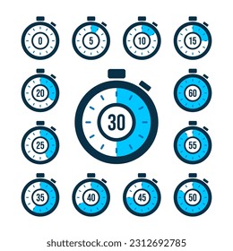 Set of timer. Stopwatch icons set. Countdown 0, 5, 10, 15, 20, 25, 30, 35, 40, 45, 50, 55, 60 minutes. Timer symbol. Outline stopwatch icon. Alarm pictogram. Vector, Transparent background