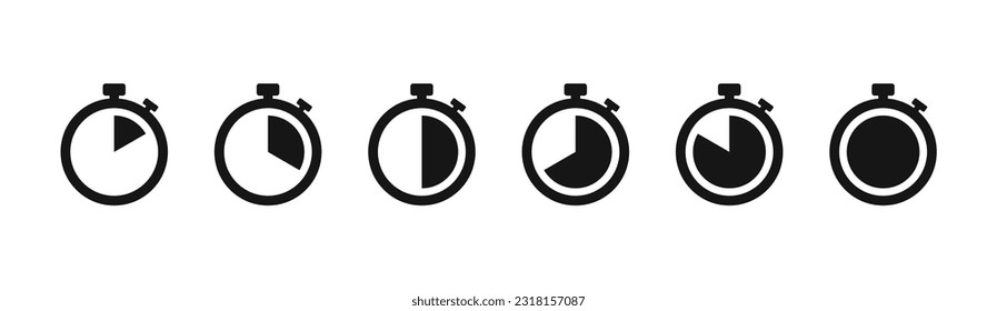 Set of timer. Stopwatch icons set. Countdown 10, 20, 30, 40, 50, 60 minutes. Timer symbol. Outline stopwatch icon. Alarm pictogram. Vector, Transparent background