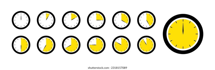 Timer-Set. Hör auf, Symbole anzuschauen. Countdown 0, 5, 10, 15, 20, 25, 30, 35, 40, 45, 50, 55, 60 Minuten. Timer-Symbol. Stoppuhr-Icon für die Endstation. Piktogramm alarmieren. Vektorgrafik, transparenter Hintergrund