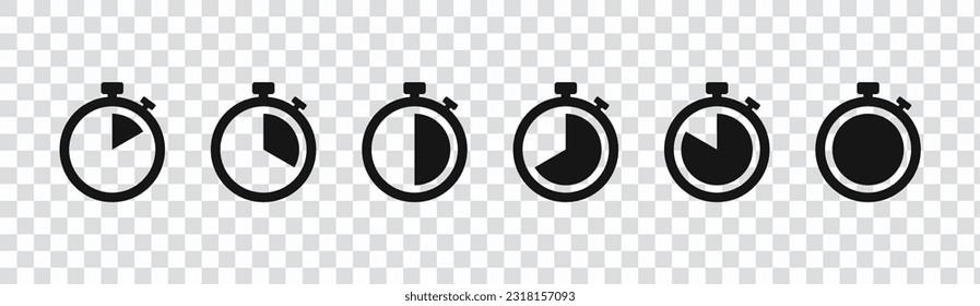 Set of timer. Stopwatch icons set. Countdown 10, 20, 30, 40, 50, 60 minutes. Timer symbol. Outline stopwatch icon. Alarm pictogram. Vector, Transparent background PNG