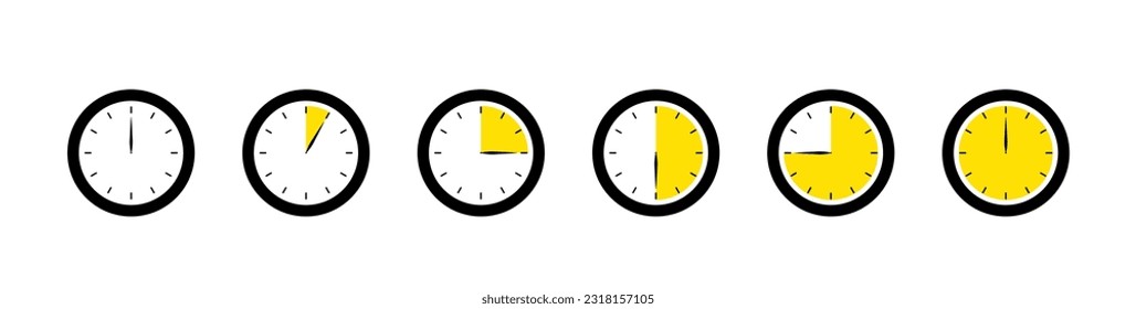 Set of timer. Stopwatch icons set. Countdown 0, 5, 15, 30, 45, 60 minutes. Timer symbol. Outline stopwatch icon. Alarm pictogram. Vector, Transparent background