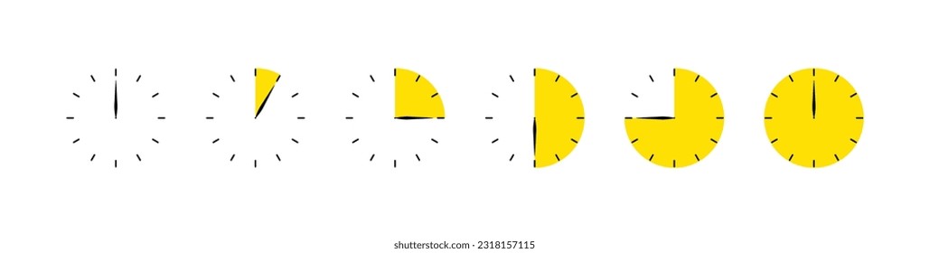 Set of timer. Stopwatch icons set. Countdown 0, 5, 15, 30, 45, 60 minutes. Timer symbol. Outline stopwatch icon. Alarm pictogram. Vector, Transparent background