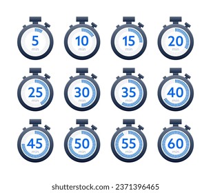 Set of timer and Stopwatch icons. Countdown symbol. Kitchen timer icon