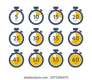 Set of timer and Stopwatch icons. Countdown symbol. Kitchen timer icon