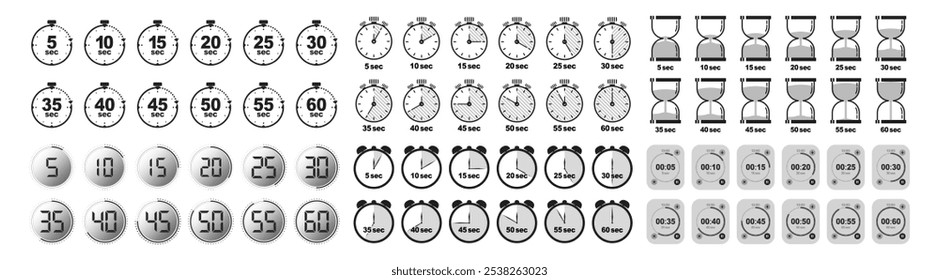 Set of timer and stopwatch icons. Countdown 10,20,30,40,50,60 minutes or seconds. Timer, clock, stopwatch isolated set icons. Label cooking time.