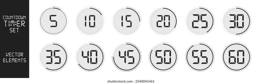 Conjunto de ícones de temporizador e cronômetro. Contagem regressiva 10,20,30,40,50,60 minutos ou segundos. Ícones de conjunto isolados de cronômetro, relógio e cronômetro. Hora de cozimento do rótulo.