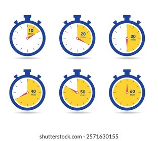 Set of timer and Stopwatch icons. Countdown symbol stock illustration. Timer. Stopwatch. Countdown 10.20,30,40,50,60 minutes. stock illustration