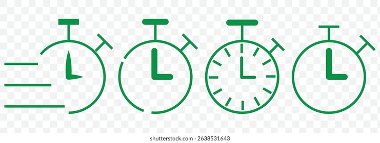 Set of timer. Stopwatch icons set. Countdown 5,10,15, 20, 25, 30, 35, 40, 45, 50, 55, 60 minutes. Timer symbol. Outline stopwatch icon. Alarm pictogram. Vector on Transparent background. EPS 10.