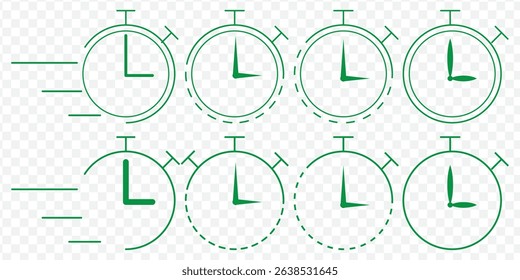 Set of timer. Stopwatch icons set. Countdown 5,10,15, 20, 25, 30, 35, 40, 45, 50, 55, 60 minutes. Timer symbol. Outline stopwatch icon. Alarm pictogram. Vector on Transparent background. EPS 10.