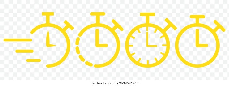 Set of timer. Stopwatch icons set. Countdown 5,10,15, 20, 25, 30, 35, 40, 45, 50, 55, 60 minutes. Timer symbol. Outline stopwatch icon. Alarm pictogram. Vector on Transparent background. EPS 10.