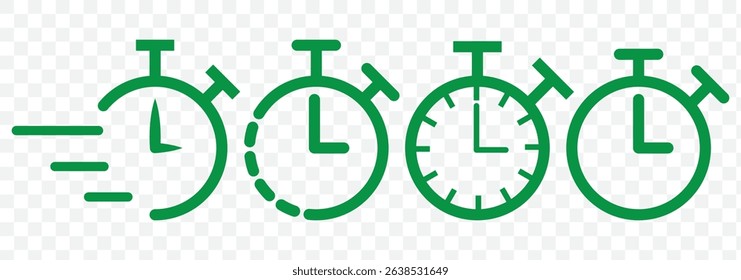 Set of timer. Stopwatch icons set. Countdown 5,10,15, 20, 25, 30, 35, 40, 45, 50, 55, 60 minutes. Timer symbol. Outline stopwatch icon. Alarm pictogram. Vector on Transparent background. EPS 10.