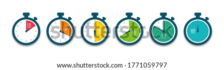 Set of timer. Stopwatch icons. Countdown 10.20,30,40,50,60 minutes. Vector