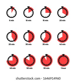 Set of timer and stopwatch icons. Kitchen timer icon with different minutes. Cooking time symbols and labels. Vector