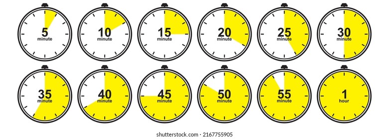Set of timer and stopwatch icons. Kitchen timer icon with different minutes. Cooking time symbols and labels.