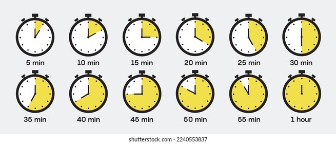 Set of timer and stopwatch icons. Kitchen timer icon with different minutes. Cooking time symbols and labels. Vector icons. 10 EPS.