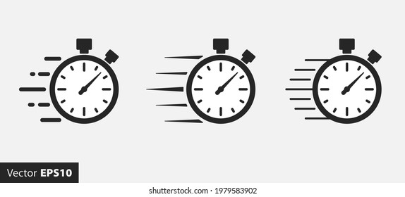 Set of timer and stopwatch icons. Quick time icon, fast deadline, countdown timer collection, rapid line symbol. Vector illustration