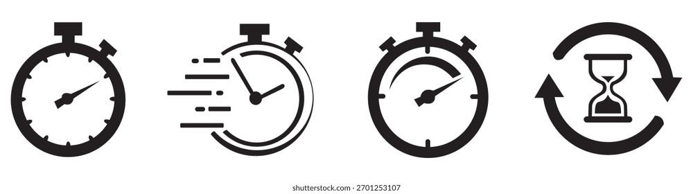 Conjunto de ícones de temporizador e cronômetro. Ícone de tempo rápido, prazo rápido, coleta de temporizador de contagem regressiva. Ilustração vetorial.
