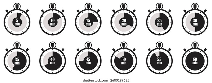 Set of timer and stopwatch. Kitchen timer icon with different minutes sets. Countdown icon collection. Clock icon set. Countdown Clock Vector. watch deadline time timer clock kitchen cook sandglass