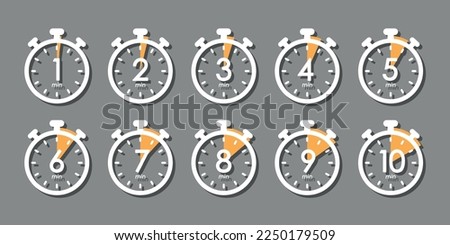 set of timer symbols, 1 to 10 minutes stopwatch symbol, white and orange design elements on grey background, vector icon set