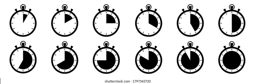 Set of timer vector icons on transparent background, countdown timer and stopwatch icons