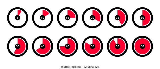 Set of timer vector icons on white background. Timer from 5 minute to 60. Interval time.