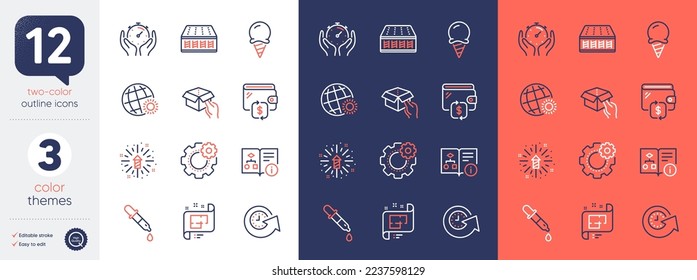 Set of Timer, World weather and Fireworks explosion line icons. Include Cogwheel, Wallet, Update time icons. Hold box, Chemistry pipette, Technical algorithm web elements. Mattress. Vector