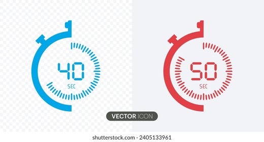Set of timer.40 seconds, stopwatch vector icon.Timers collection,50 seconds, Countdown timer symbol icon in flat style, vector illustration.