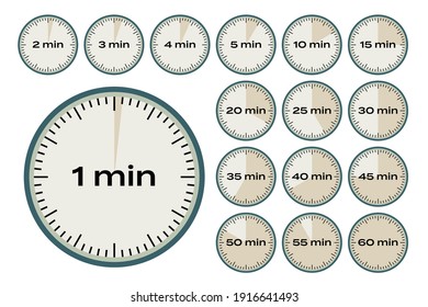 Set of timers 1-60 minutes. Label cooking time. Timers collection. Vector illustration. EPS10.