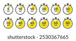 Set of timers. 5, 10, 15, 20, 25, 30, 35, 40, 45, 50, 55, and 60 minutes. Countdown timer icons set. Isolated vector illustration.