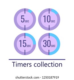 Set of timers with 5, 10, 15 and 30 seconds in circle. Vector illustration in flat modern style.