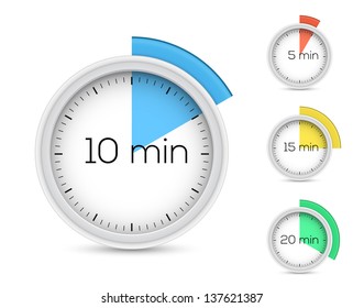 Set of timers. 5, 10, 15, 20 minutes. Vector illustration.
