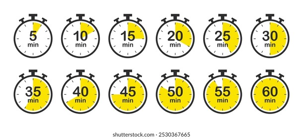 Set of timers. 5, 10, 15, 20, 25, 30, 35, 40, 45, 50, 55, and 60 minutes. Countdown timer icons set. Isolated vector illustration.