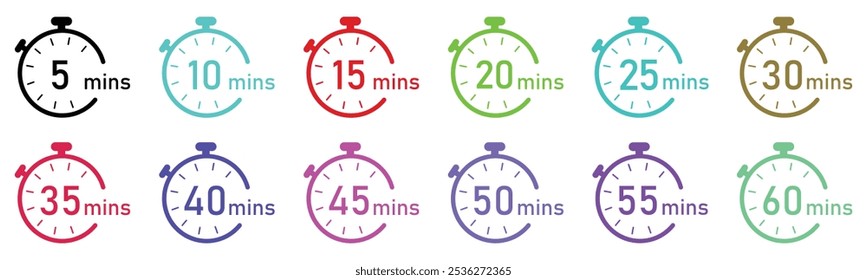 Conjunto de temporizadores. 5, 10, 15, 20, 25, 30, 35, 40, 45, 50, 55 e 60 minutos. Ícones do temporizador de contagem regressiva definidos. Sinal de ilustração de vetor isolado.icon. Temporizador. Cronômetro