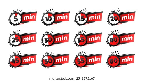 Set of timers,  5, 10, 15, 20 minutes on the timer hand. Vector illustration 